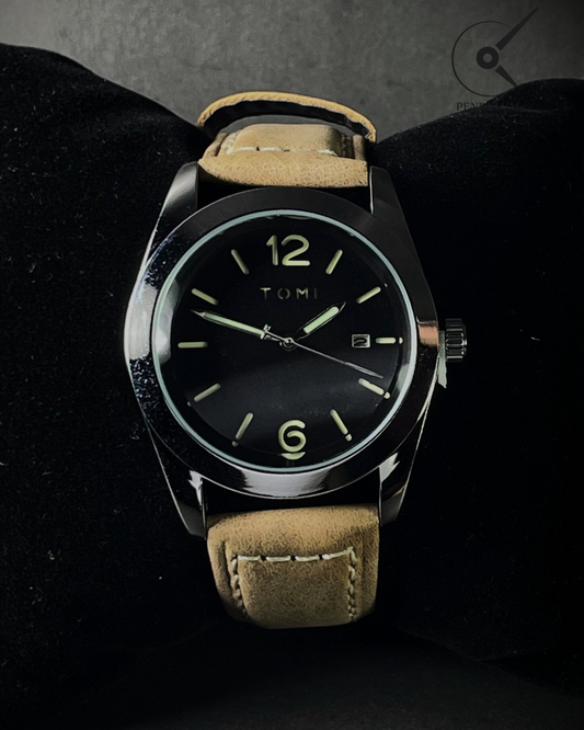 TOMI Classic Analog Watch – Black Dial with Brown Leather Strap