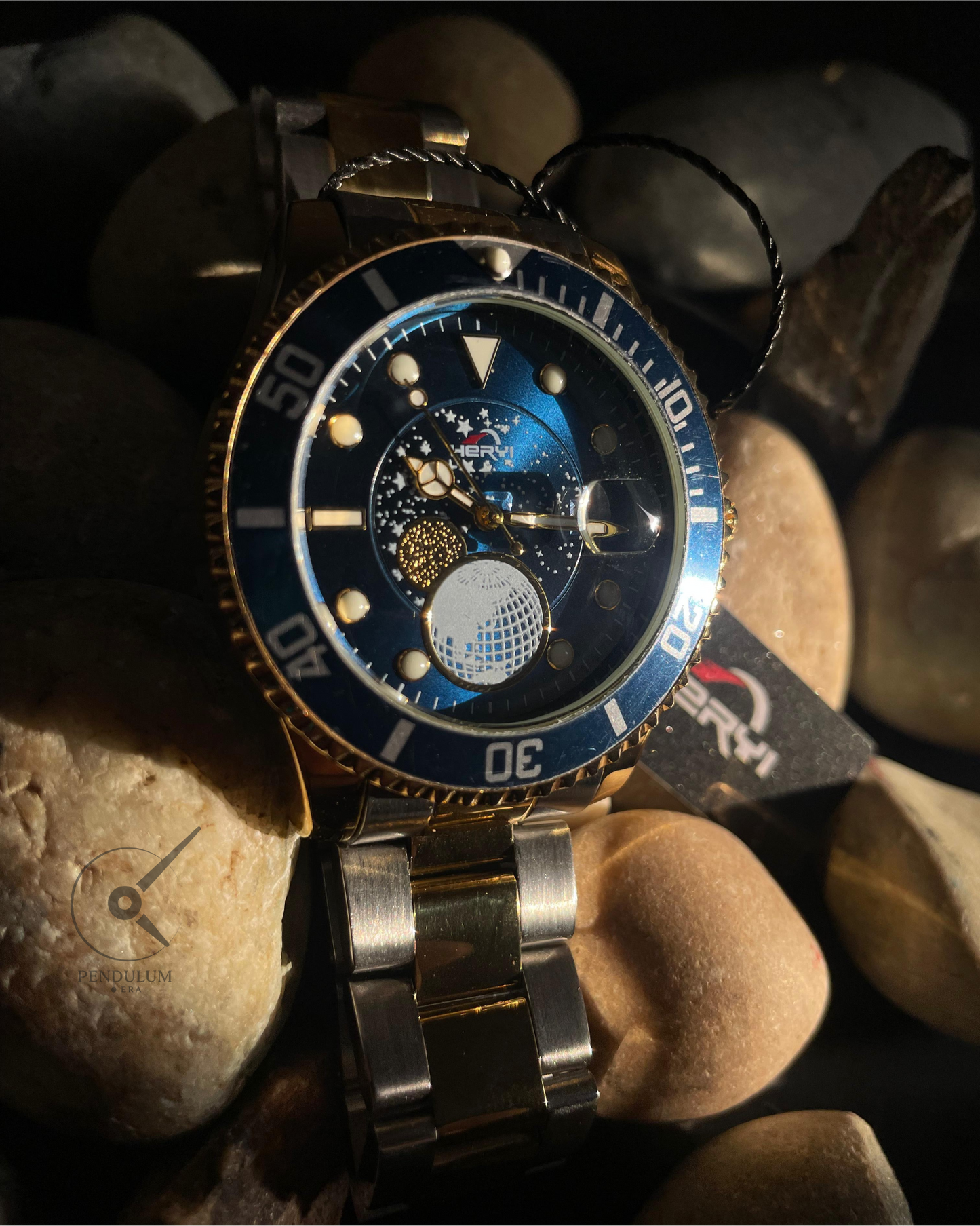 HERVI Luxury Diver Watch – Two-Tone Steel & Gold with Cosmic Blue Dial
