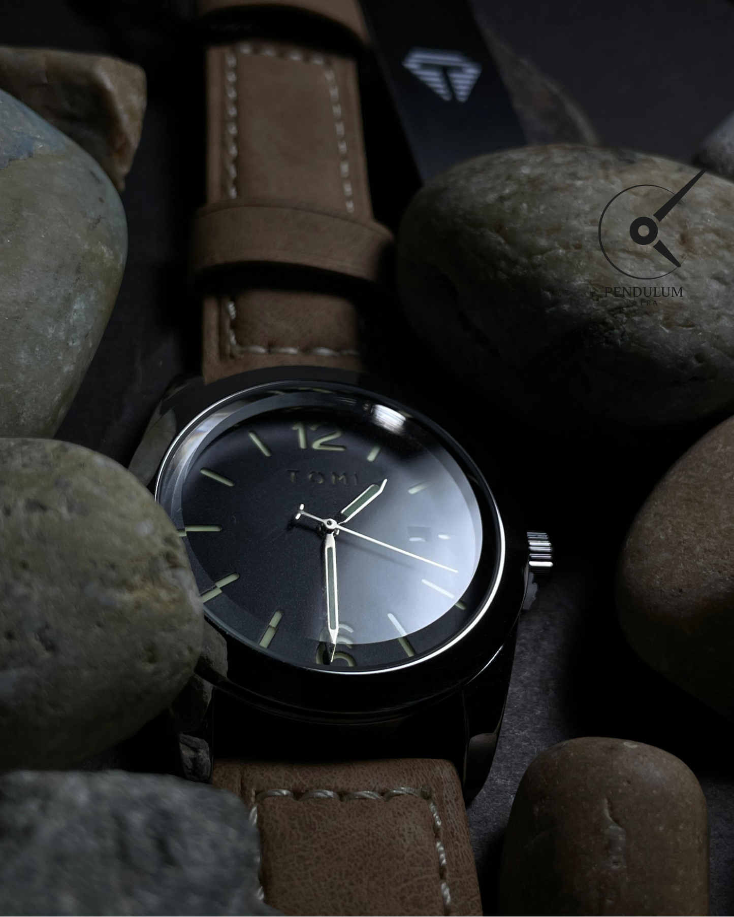 TOMI Classic Analog Watch – Black Dial with Brown Leather Strap