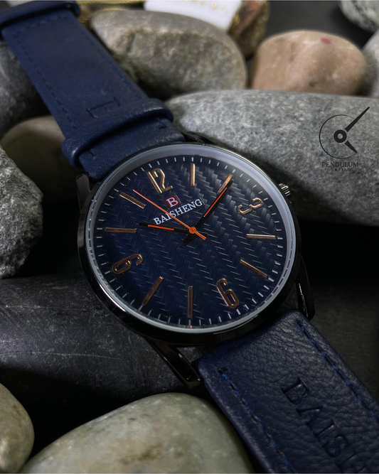 BAISHENG Classic Blue Watch – Textured Dial with Leather Strap