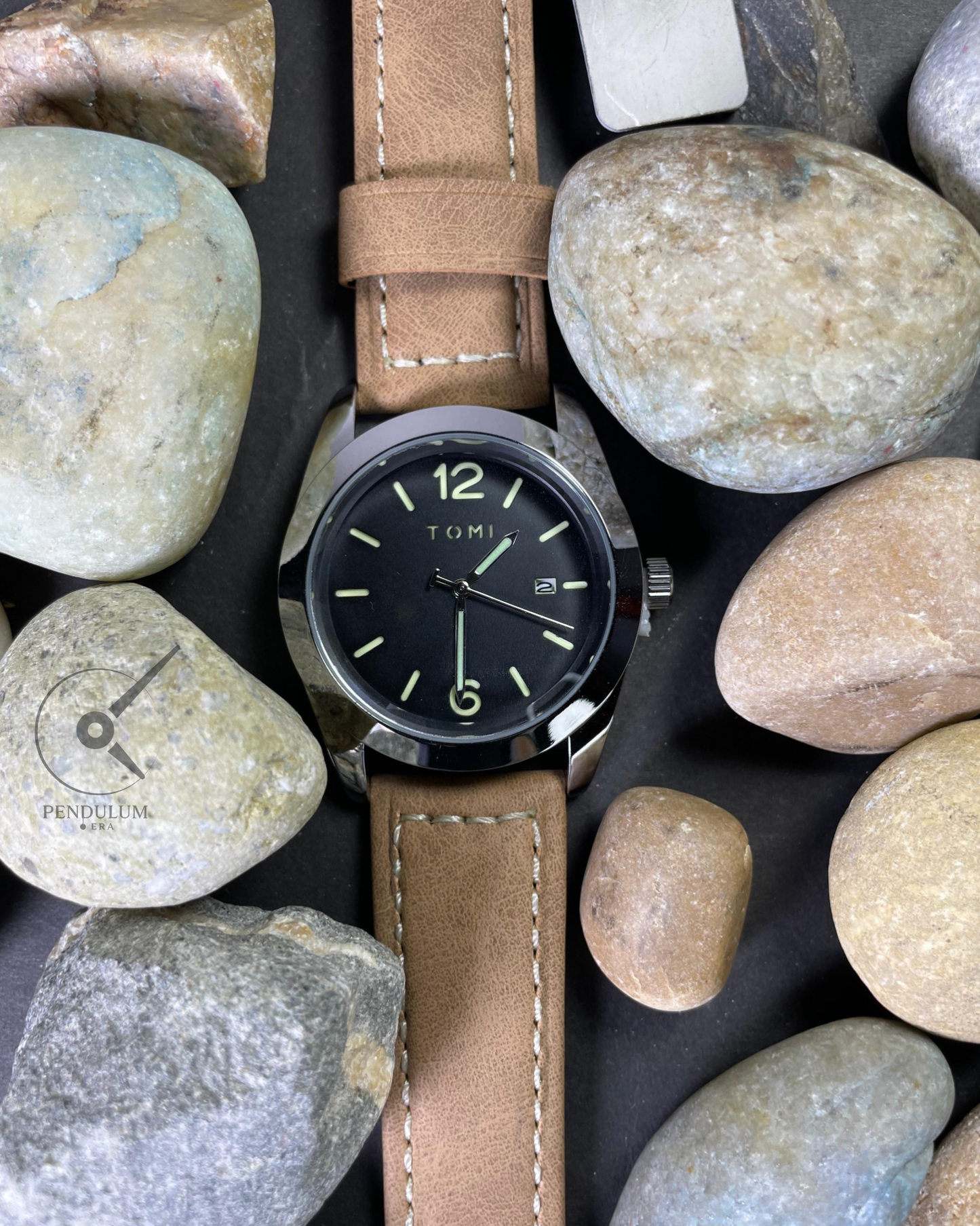 TOMI Classic Analog Watch – Black Dial with Brown Leather Strap