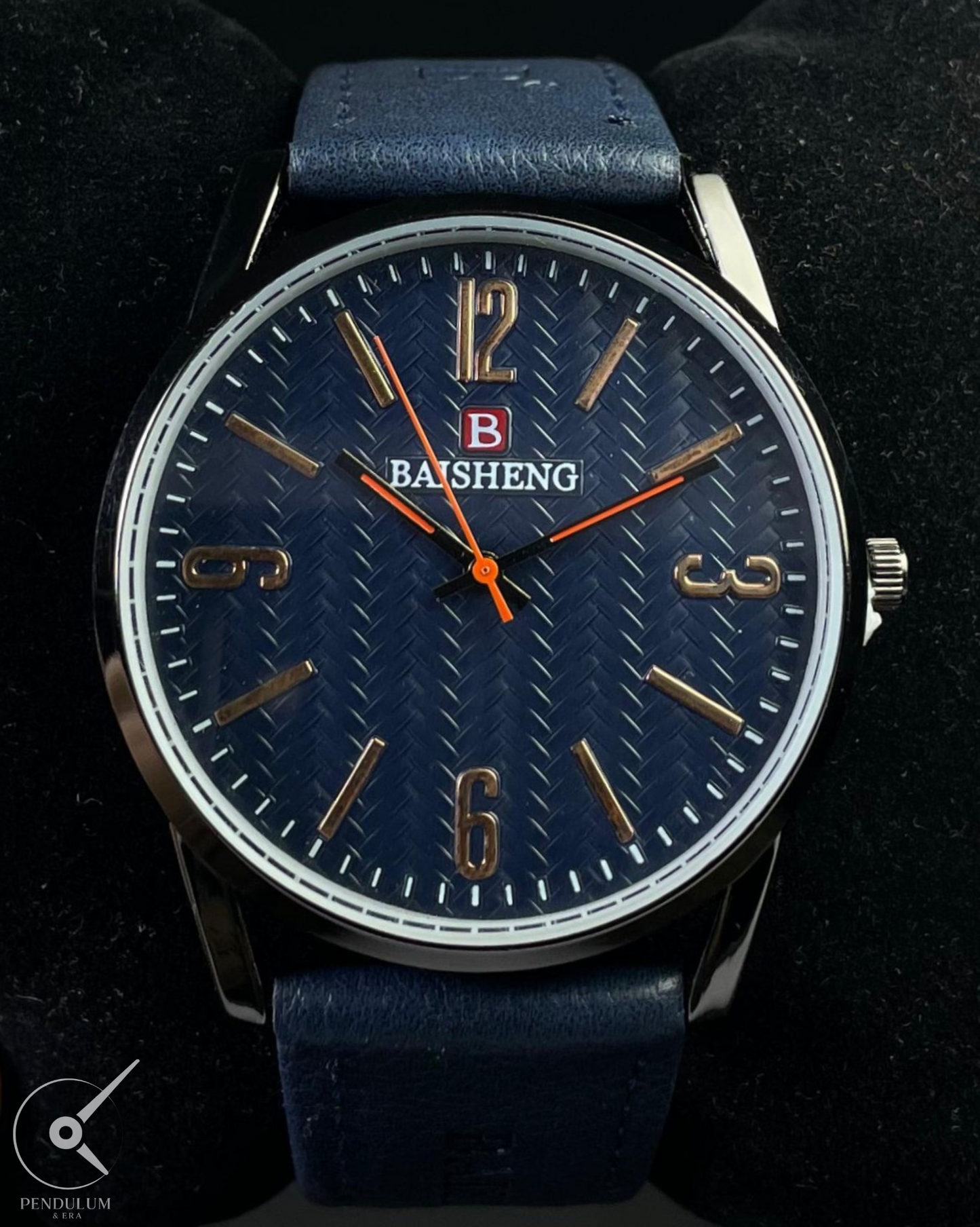 BAISHENG Classic Blue Watch – Textured Dial with Leather Strap