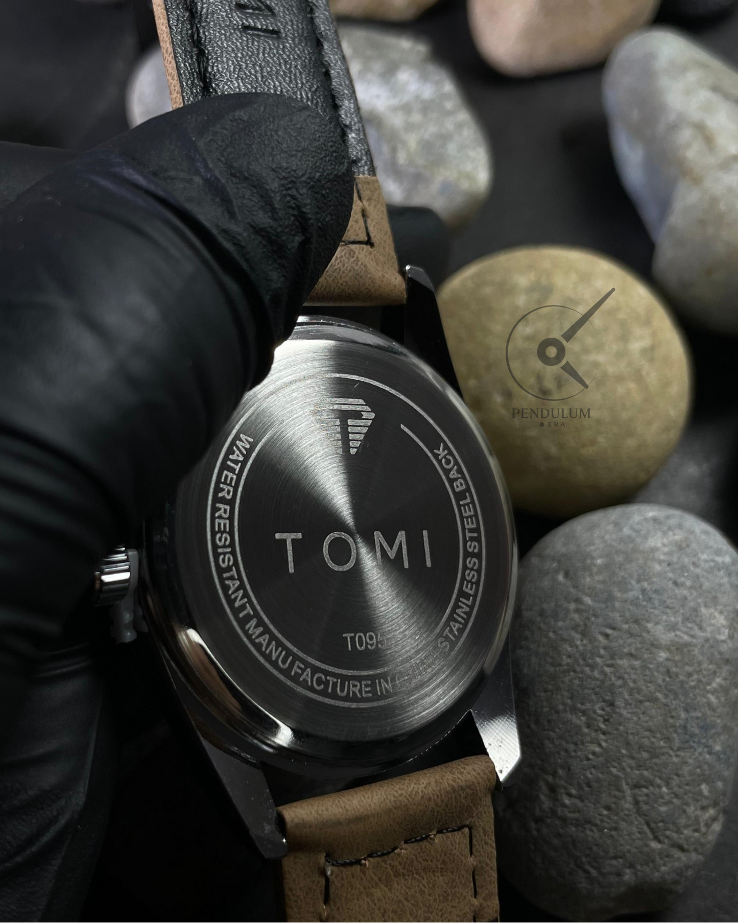 TOMI Classic Analog Watch – Black Dial with Brown Leather Strap