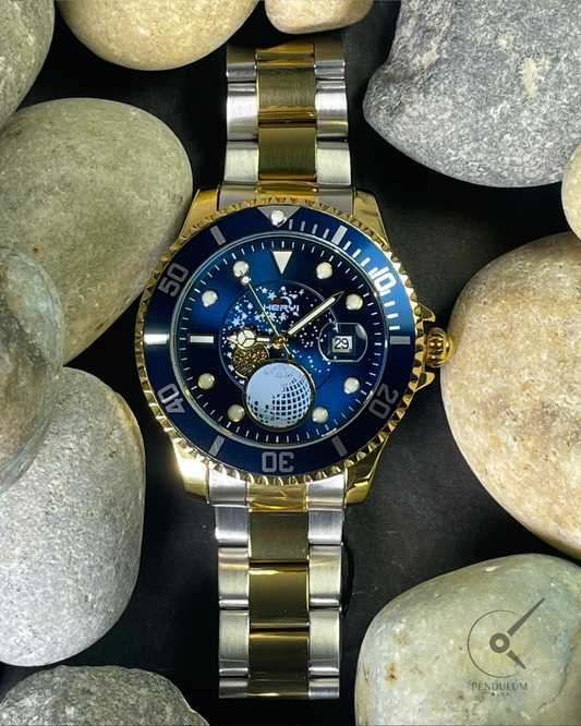 HERVI Luxury Diver Watch – Two-Tone Steel & Gold with Cosmic Blue Dial
